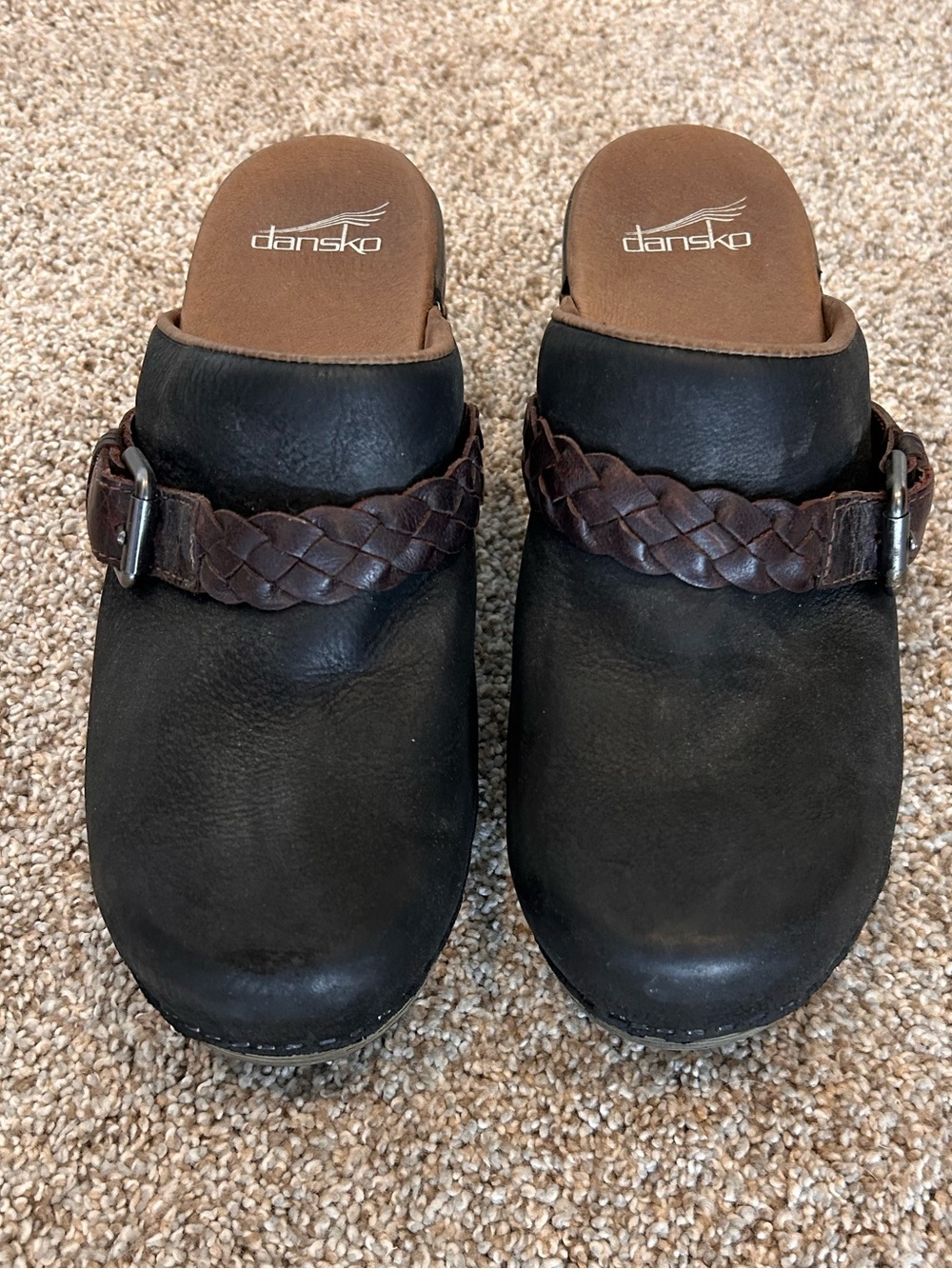 Dansko Leather Clogs with Braided Brown Strap and Buckle